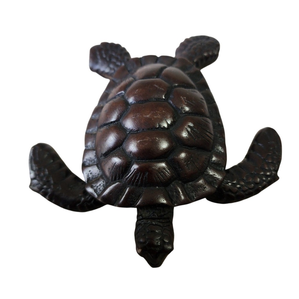 Hand Carved Wood Sea Turtle Figurine Thailand Nautical Decor RES-01 Dark Brown